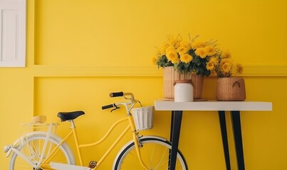  a yellow bike parked next to a white table with yellow flowers in a basket on top of the bike and a yellow wall behind it.  generative ai
