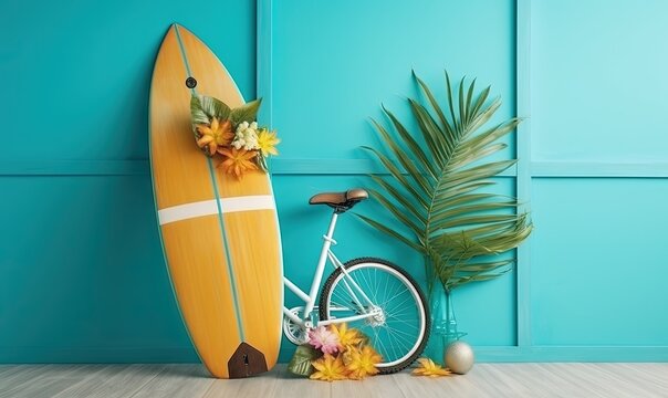  a bicycle leaning against a wall with a surfboard and flowers on the front of the bike, and a palm tree behind the wall.  generative ai