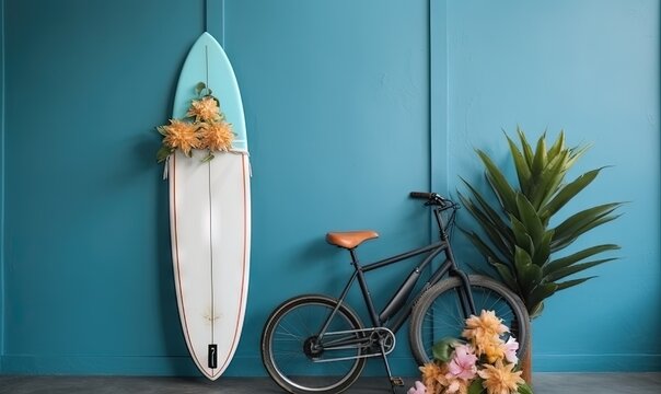  a bicycle parked next to a surfboard on a blue wall next to a potted plant and a bicycle leaning against a blue wall.  generative ai
