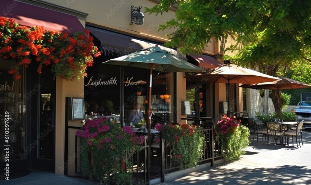 Poster a restaurant with tables and umbrellas on a sidewalk next to a sidewalk with flowers on it and a car