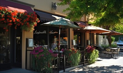  a restaurant with tables and umbrellas on a sidewalk next to a sidewalk with flowers on it and a car parked in front of it.  generative ai