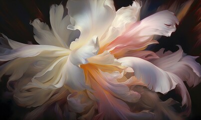  a painting of a flower with a black background and a white and pink flower with a yellow center and a red center and a black background.  generative ai