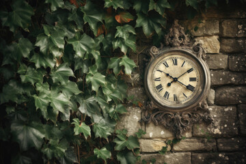 Elegant Stone Wall with Ivy Leaves and Antique Clock, generative ai