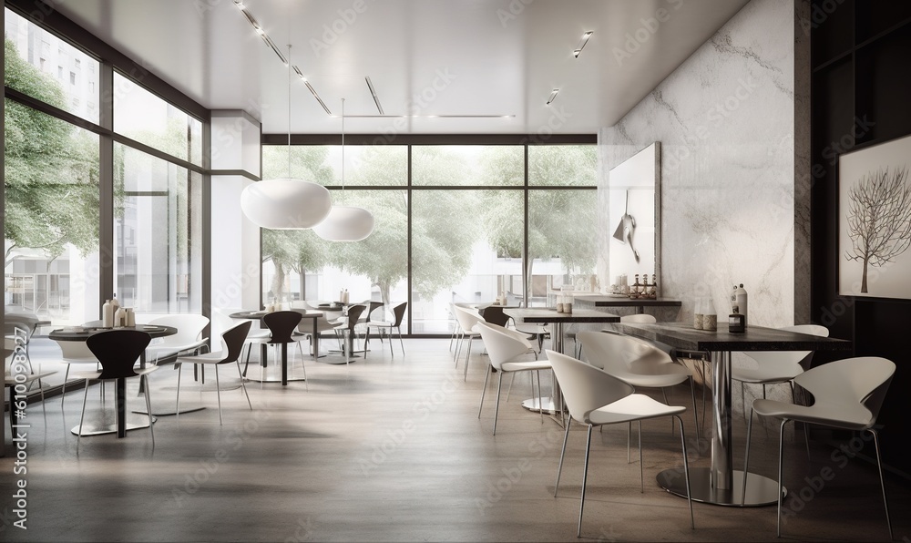 Poster a large room with a lot of tables and chairs in it and a lot of windows on the side of the room and 