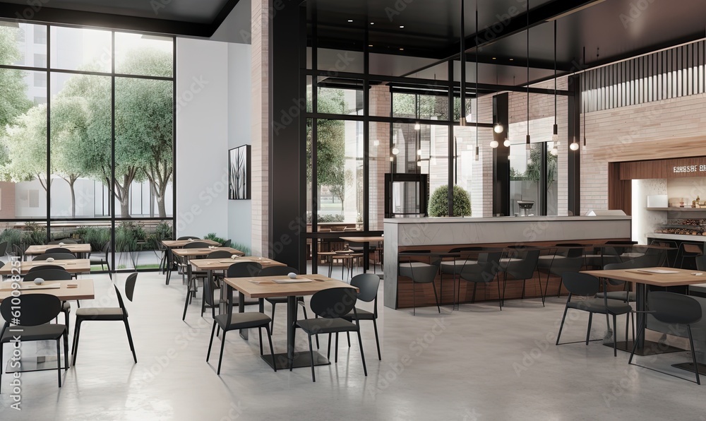 Poster a restaurant with tables, chairs, and a bar in the middle of the room with a large window on the sid