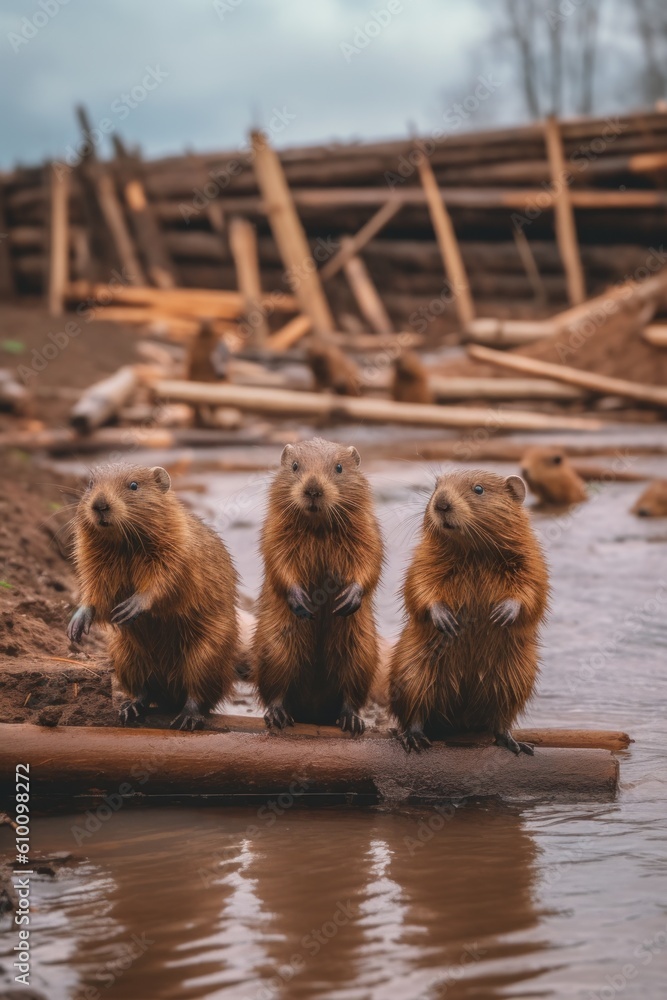 Poster three beavers are sitting on a log in the water. generative ai image.