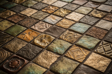 Embossed mosaic tiles in earthy shades of brown and green creating a natural look, generative ai