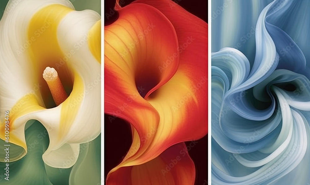Poster four different colored flowers are shown in this picture, each with a single flower in the middle of