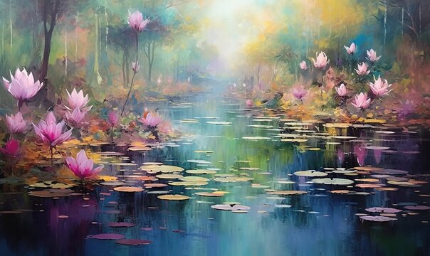  a painting of water lillies and trees in a forest with a river running through it and a sky filled with clouds and sun shining through the trees.  generative ai