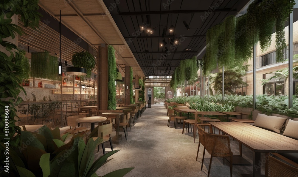 Poster a restaurant with tables and chairs and plants on the walls and ceiling, and a long row of windows w