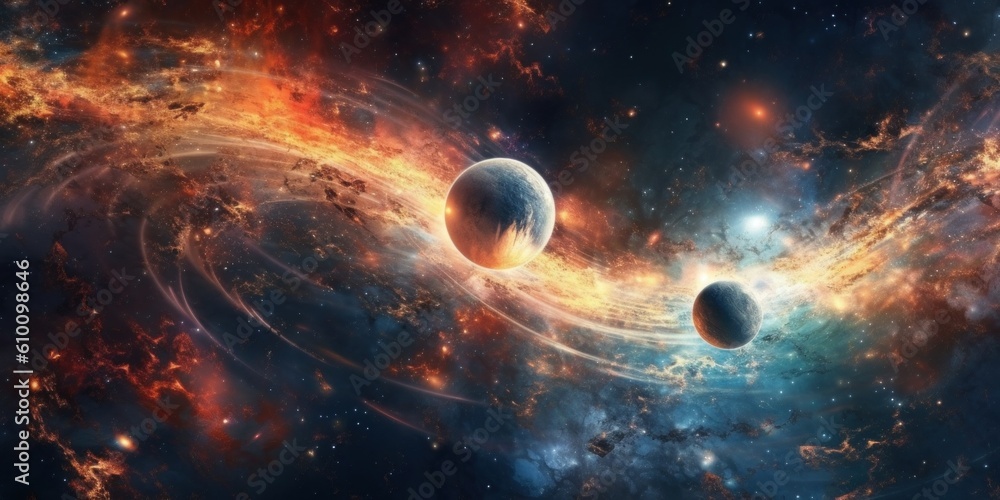 Poster two planets are in the middle of a galaxy. generative ai image.