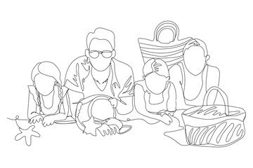 Big family lying on beach sand at sea resort