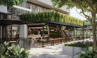 Obraz premium a rendering of a restaurant with plants growing on the roof of it's restaurant and people sitting at tables in front of the restaurant. generative ai