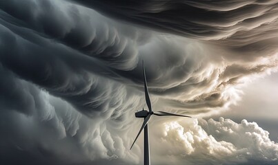  a wind turbine in the middle of a storm with clouds in the sky behind it and a building in the foreground with a wind turbine in the foreground.  generative ai