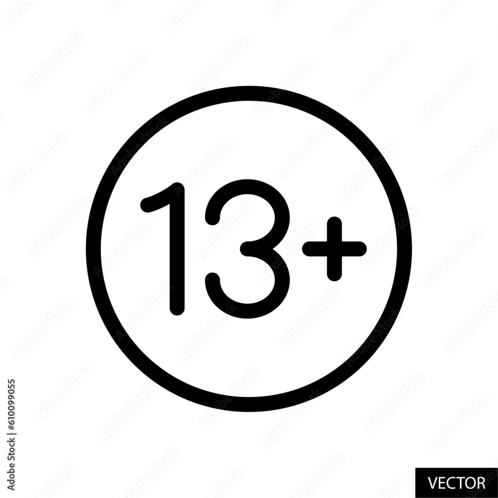Poster 13+ content sign, thirteen plus age limit warning symbol vector icon in line style design for websit