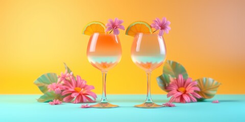Cocktails with orange and lime on a colorful background. spring of summer banner, Two elegance cold wet drinking glasses with fresh fruit summer alcohol cocktail, created with generative ai