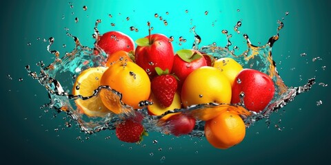 Fruit in water splash on blue background. Fresh Fruit splash and submerge under water, summer banner, summer fruits,  created with generative ai