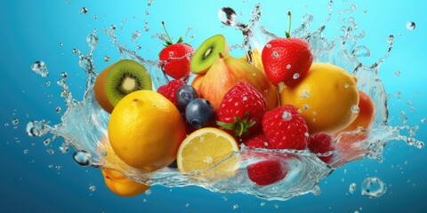 Fruit in water splash on blue background. Fresh Fruit splash and submerge under water, summer banner, summer fruits,  created with generative ai