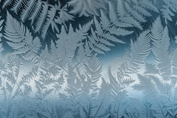 Engraved patterns in icy blue tones on a frosty glass surface, generative ai