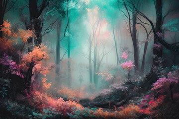 Fototapeta na wymiar Ethereal Forest in Spray Paint Art with colorful tones, generative ai