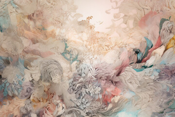 Ethereal tapestry texture in dreamy pastel shades, showcasing abstract and whimsical designs, generative ai
