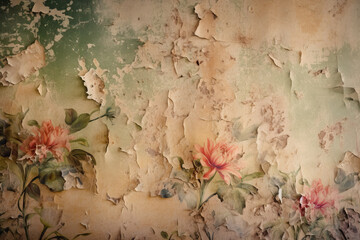 Faded Wallpaper with Floral Patterns and Peeling Corners, generative ai