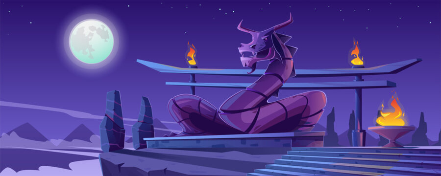 Temple on top of a mountain with a statue of a dragon. Panoramic landscape, mountains, moon. Ancient architecture, stone stairs, ruins, flames on the columns. Parallax, cartoon, vector illustration.