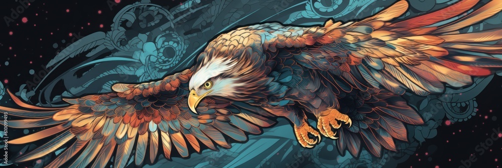 Poster a large bird flying through the air with its wings spread. generative ai image.