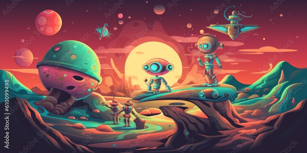 Poster a couple of robots standing on top of a desert. generative ai image.