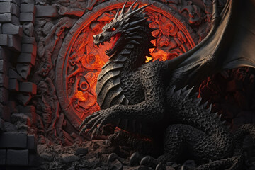 Fototapeta premium Fantasy Stone Wall with Dragon Sculpture and Fire Flames, generative ai