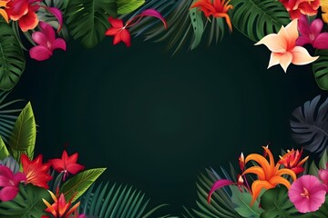 Tropical flowers on dark green background with copy space. Generative AI.