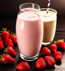 Healthy shake with strawberries, strawberry cocktail in a glass, berries on the table, Generative AI Art Illustration 01
