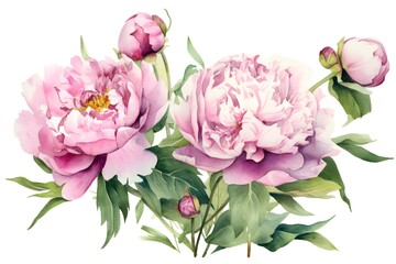 Watercolor painting of beautiful blooming peonies on white background. Generative AI.