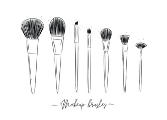 Brushes for makeup, powder, foundation, eye shadow beauty collection drawing on white background