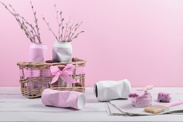 Sustainable hobby background with handmade vase or houseplant pots. Creative upcycling DIY idea, craft upcycled tin can pots for home decoration