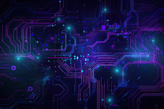 Futuristic circuitry pattern in shades of blue and purple with glowing neon accents, generative ai
