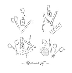 Manicure and pedicure professional tools compositions collection with wire cutters, nail file, scissors, nail polish, toe separator, cuticle pusher spoon drawing on white background