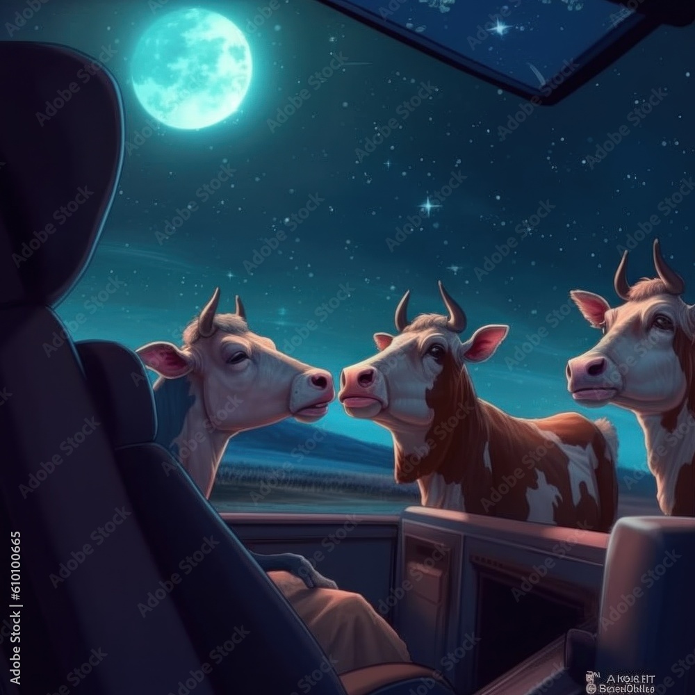 Poster three cows are sitting in the back of a car. generative ai image.