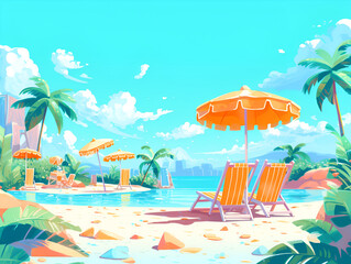 Sun chair with sun umbrella on a tropical beach. Sunbeds and umbrella on the sandy beach near the sea or ocean. Summer holiday, vacation and travel concept. Generative AI