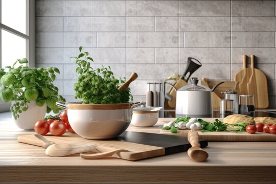 stock photo of Modern kitchen countertop with domestic view Photography AI Generated