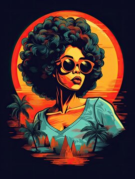 African american girl, retro design. Print for T-shirts. Generative AI.