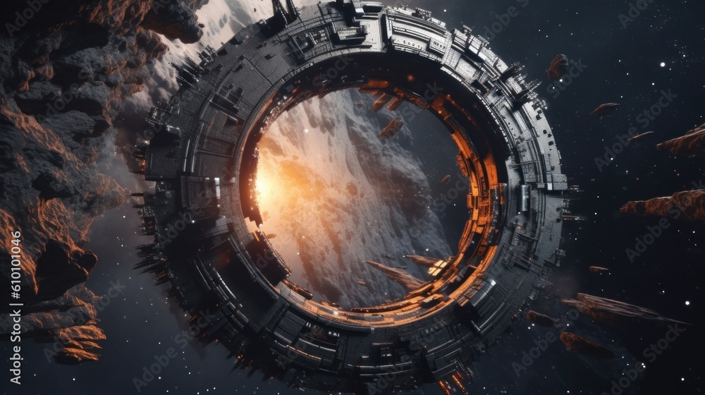 Poster a space station in the middle of a galaxy. generative ai image.