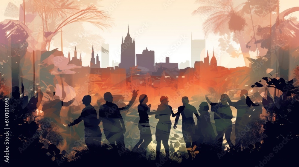 Poster a group of people standing in front of a city. generative ai image.