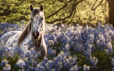 horse in the field of purple, lilac, blue flowers. Generative AI image.