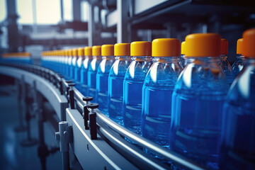 Conveyor Belt in Action: Fruit Juice Bottling Process. Generative AI