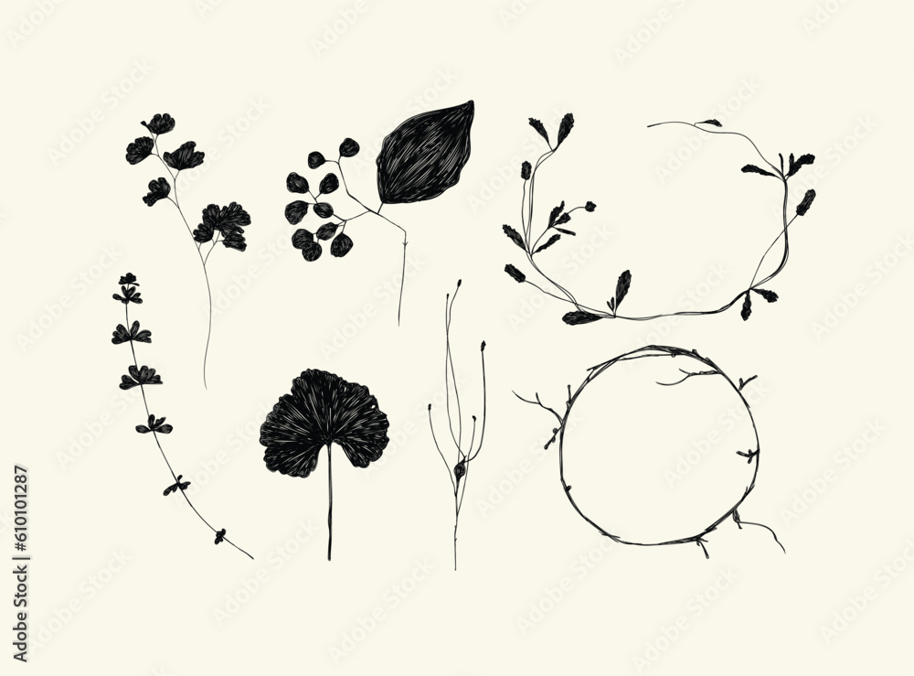 Wall mural Leaves and branches silhouettes set drawing on beige background - Wall murals