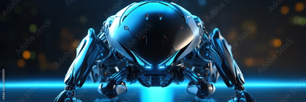 Poster a futuristic robot sitting on top of a table. generative ai image.