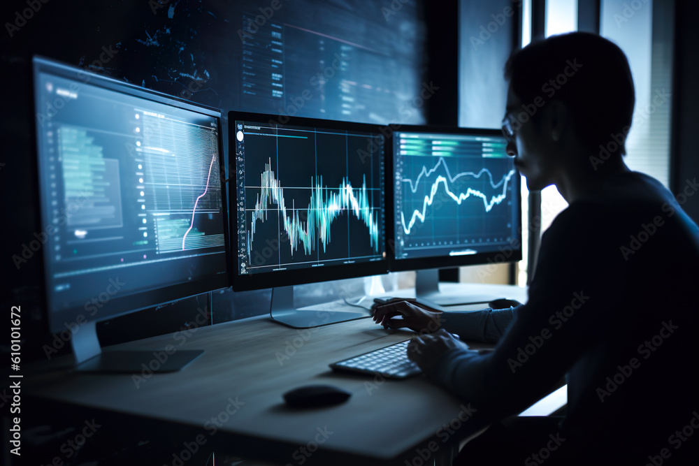 Poster businessman analyzing financial data on multiple computer screens in dark office. generative ai