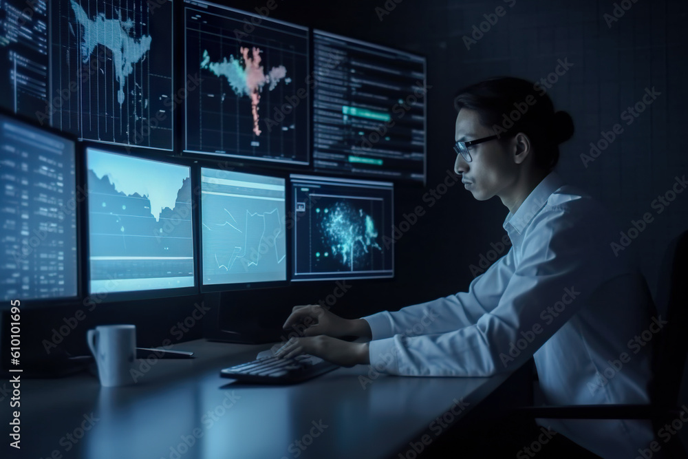 Poster businessman analyzing financial data on multiple computer screens in dark office. generative ai