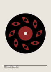 Vector illustration with vinyl record and eyes.  Artwork, minimalist poster design in red and black colors. abstract wall art.